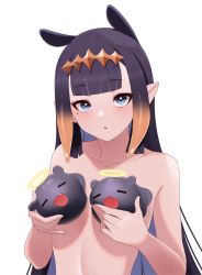 1girl bare_shoulders blue_eyes blunt_bangs collarbone covering_privates covering_breasts flat_chest highres hololive hololive_english long_hair looking_at_viewer mole mole_under_eye ninomae_ina&#039;nis nude pointy_ears takodachi_(ninomae_ina&#039;nis) virtual_youtuber white_background yuyu5x