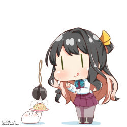 Rule 34 | 1girl, black eyes, black footwear, black hair, blush, boots, chibi, commentary, dated, dress shirt, floating, floating object, food, fried rice, hair ribbon, holding, holding plate, kantai collection, licking lips, long hair, long sleeves, multicolored hair, naganami (kancolle), no nose, one-hour drawing challenge, pantyhose, pink hair, plate, pleated skirt, purple skirt, purple vest, ribbon, shiromaru (maniado), shirt, skirt, standing, tongue, tongue out, twitter username, two-tone hair, very long hair, vest, white shirt, yellow ribbon, | |