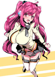 Rule 34 | 1girl, bemani, blush, breasts, female focus, large breasts, leaning forward, long hair, looking at viewer, miyamoto issa, navel, pink eyes, pink hair, rasis, school uniform, smile, solo, sound voltex, sound voltex ii infinite infection, sound voltex iii gravity wars, thighhighs, twintails, very long hair, white thighhighs