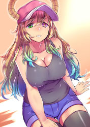 Rule 34 | 10s, 1girl, bare shoulders, baseball cap, black thighhighs, blonde hair, blue hair, breasts, bright pupils, cleavage, collarbone, commentary request, covered erect nipples, covered navel, dragon girl, gradient hair, green eyes, half-closed eyes, hat, heterochromia, high-waist shorts, highres, horns, kobayashi-san chi no maidragon, large breasts, long hair, looking at viewer, lucoa (maidragon), mature female, multicolored eyes, multicolored hair, no bra, parted lips, purple eyes, shorts, sitting, slit pupils, smile, solo, tank top, teeth, thighhighs, tiha, very long hair, wide hips
