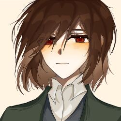 Rule 34 | 1boy, black vest, brown hair, chinese commentary, closed mouth, collared shirt, colored eyelashes, commentary request, eee (eee5526027), eyes visible through hair, green jacket, harada mutei, highres, jacket, looking at viewer, male focus, open clothes, open jacket, portrait, red eyes, saibou shinkyoku, shirt, short hair, simple background, solo, vest, white background, white shirt