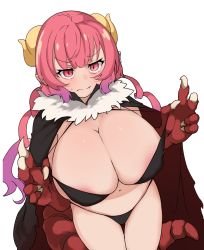 Rule 34 | 1girl, black panties, blush, bra, bra lift, breasts, cape, claws, cleavage, commentary, curled horns, dragon girl, fang, fang out, frown, gradient hair, highres, horns, huge breasts, ilulu (maidragon), kobayashi-san chi no maidragon, long hair, looking at viewer, multicolored hair, navel, panties, pink hair, pointy ears, purple hair, red eyes, shiny skin, slit pupils, solo, sweatdrop, tail, todding, twintails, underwear, v