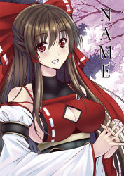Rule 34 | 1girl, bad id, bad pixiv id, bare shoulders, black hair, bow, breasts, cherry blossoms, cleavage, cleavage cutout, clothing cutout, detached sleeves, female focus, grin, hair bow, hair tubes, hakurei reimu, large breasts, long hair, mugenshiki, own hands clasped, own hands together, red eyes, sendai hakurei no miko, sideboob, smile, solo, teeth, touhou, upper body, very long hair