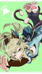 Rule 34 | 1girl, animal ears, aqua dress, back bow, black pants, blue bow, blush, bow, bridal gauntlets, brown tail, cashew 0 dgren, dress, full body, genshin impact, green background, green eyes, green hair, highres, kirara (genshin impact), long hair, looking at viewer, multiple tails, nekomata, one eye closed, open mouth, pants, paw print, paw shoes, simple background, solo, stretching, tail, two tails