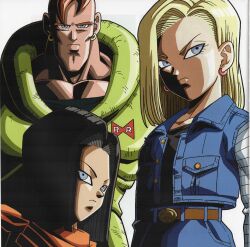 Rule 34 | 1girl, 2boys, absurdres, android, android 16, android 17, android 18, belt, black hair, blonde hair, blue eyes, brown belt, dragon ball, dragonball z, earrings, highres, jewelry, light, multiple boys, muscular, muscular female, muscular male, orange hair, shadow, simple background, white background