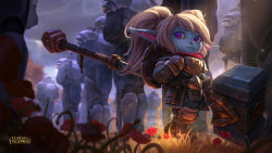 Rule 34 | 1girl, armor, blonde hair, blue skin, colored skin, fang, flower, fur, hammer, highres, league of legends, looking to the side, official art, pointy ears, poppy (league of legends), purple eyes, shield, solo focus, standing, twintails, walking, war hammer, warhammer, weapon, yordle