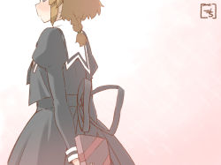 Rule 34 | 1girl, arms behind back, artist name, assault lily, black ribbon, black skirt, blue eyes, blush, box, braid, braided ponytail, brown hair, closed mouth, commentary request, cowboy shot, cropped jacket, from side, futagawa fumi, gift, gift box, gochisousama (tanin050), gradient background, head out of frame, high-waist skirt, holding, holding box, juliet sleeves, long sleeves, looking away, medium hair, pink background, profile, puffy sleeves, ribbon, school uniform, single braid, skirt, solo, standing, valentine, white background, yurigaoka girls academy school uniform