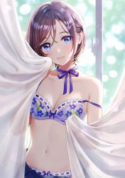 Rule 34 | 1girl, absurdres, bare shoulders, blue eyes, blush, bow, bow bra, bow panties, bra, breasts, brown hair, cleavage, closed mouth, collarbone, curtains, day, floral print, hair ornament, hairclip, head tilt, highres, holding, indoors, lips, looking at viewer, medium breasts, morikura en, navel, off shoulder, original, panties, scan, see-through, short hair, simple background, skirt, small breasts, smile, solo, stomach, underwear, window