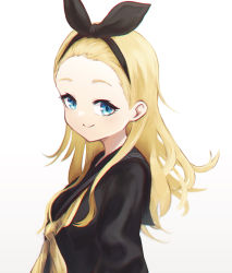 Rule 34 | aiv, black sailor collar, black shirt, blonde hair, blue eyes, bow, closed mouth, forehead, from side, hair behind ear, hair bow, hair over shoulder, highres, kurumi (lycoris recoil), long hair, long sleeves, looking at viewer, loose clothes, loose shirt, lycoris recoil, neckerchief, sailor collar, school uniform, shirt, simple background, smile, upper body, white background, yellow neckerchief