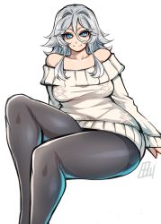 Rule 34 | 1girl, bare shoulders, black pantyhose, blue eyes, breasts, highres, izayoi sakuya, long hair, looking at viewer, medium breasts, pantyhose, silver hair, simple background, sitting, smile, solo, sweater, tajima yuuki, thick thighs, thighs, white background