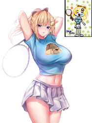 Rule 34 | 1girl, absurdres, animal print, arms up, blonde hair, blue eyes, blue shirt, bow, breasts, cowboy shot, crop top, dog print, hair bow, hair ornament, highres, holding, hololive, hololive english, large breasts, long hair, looking at viewer, luminous, midriff, miniskirt, navel, parted lips, pleated skirt, ponytail, racket, shirt, short sleeves, simple background, skirt, solo, standing, stomach, tennis racket, thighs, virtual youtuber, watson amelia, white background, white skirt