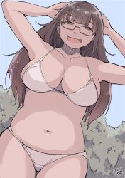 Rule 34 | 1girl, :d, absurdres, arms behind head, arms up, bikini, blue sky, breasts, brown eyes, brown hair, bush, day, glasses, hadashi no kenji, highres, large breasts, looking at viewer, navel, open mouth, original, outdoors, plump, semi-rimless eyewear, sky, smile, swimsuit, white bikini