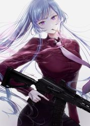 Rule 34 | 1girl, ak-12, ak-12 (girls&#039; frontline), ak-12 (lucia) (girls&#039; frontline), alternate costume, assault rifle, black pants, breasts, cigarette, feet out of frame, filha, girls&#039; frontline, gun, highres, holding, holding gun, holding weapon, kalashnikov rifle, long hair, long sleeves, looking at viewer, medium breasts, mouth hold, necktie, pants, pink necktie, ponytail, purple eyes, red shirt, revision, rifle, shirt, silver hair, simple background, smoking, solo, standing, weapon