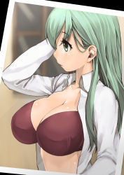 Rule 34 | 10s, 1girl, bad id, bad nicoseiga id, black bra, blurry, blurry background, bra, breasts, collarbone, green eyes, green hair, hair between eyes, highres, kantai collection, large breasts, long hair, long sleeves, open clothes, open shirt, photo (object), shirt, siesta (artist), solo, suzuya (kancolle), underwear, white shirt