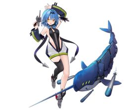 Rule 34 | 1girl, arm behind head, azur lane, black one-piece swimsuit, black thighhighs, blue hair, breasts, detached sleeves, expressions, gun, highres, holding, holding gun, holding weapon, medium hair, narwhal, nautilus (azur lane), non-humanoid robot, official art, one-piece swimsuit, robot, robot animal, rudder footwear, single thighhigh, skin tight, small breasts, solo, suisai (suisao), swimsuit, thighhighs, transparent background, underwater, weapon, yellow eyes