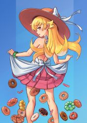 Rule 34 | 1girl, absurdres, apron, apron lift, backless outfit, bakemonogatari, bandaid, bare back, bare legs, bare shoulders, blonde hair, blush, blush stickers, bow, bracelet, clothes lift, doughnut, fang, female focus, food, from behind, green bracelet, hair flaps, hat, highres, jewelry, kneepits, long hair, looking at viewer, looking back, monogatari (series), open mouth, oshino shinobu, parody, pink skirt, pointy ears, pon de ring, ribbon, ricman rt, senjougahara pose, shaft (company), simple background, skirt, skirt lift, solo, standing, sun hat, yellow eyes