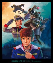 Rule 34 | 1boy, 1girl, amuro ray, brown hair, character name, commentary, copyright name, cover, curly hair, dom (mobile suit), episode title, fake cover, gloves, gundam, highres, looking at viewer, matilda ajan, mecha, medea (gundam), military, mobile suit gundam, open hand, realistic, red hair, robot, salute, short hair, spoilers, translated, uniform, walkermachine