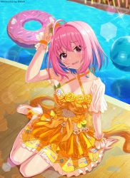 Rule 34 | 1girl, absurdres, ahoge, animal print, arm up, artist name, ball, beachball, blue hair, blurry, blurry background, breasts, cleavage, collarbone, doughnut innertube, dress, dress flower, fang, fish print, floral print, flower, hair between eyes, hair ornament, highres, hmax, idolmaster, idolmaster cinderella girls, idolmaster cinderella girls starlight stage, large breasts, looking at viewer, multicolored hair, official alternate costume, on floor, open mouth, orange dress, orange flower, petticoat, pink eyes, pink hair, pool, raised eyebrows, see-through, short sleeves, sitting, solo, sparkle, tearing up, thighs, two-tone hair, water, wet, wet clothes, white footwear, wooden floor, yumemi riamu