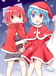 2girls :d blue_eyes blue_hair blush bow cape capelet christmas covered_mouth dress fur_trim hair_bow hat heterochromia highres knees_together_feet_apart large_bow legs_apart looking_at_viewer multiple_girls open_mouth puchimirin red_eyes red_hair sack santa_costume santa_hat sekibanki short_hair smile tatara_kogasa touhou