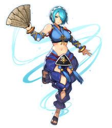 Rule 34 | 1girl, alternate costume, argyle, argyle clothes, argyle cutout, bare shoulders, black footwear, blue eyes, blue hair, bracelet, breasts, closed mouth, clothing cutout, commission, cosplay, detached sleeves, fire emblem, fire emblem fates, full body, gurimjang, hair over one eye, hairband, highres, holding, jewelry, large breasts, leg up, long sleeves, looking at viewer, midriff, narrow waist, navel, nintendo, orochi (fire emblem), orochi (fire emblem) (cosplay), pixiv commission, sandals, setsuna (fire emblem), short hair, simple background, smile, solo, standing, standing on one leg, stomach, tassel, white background, white hairband