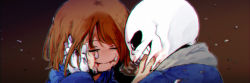 Rule 34 | 1boy, androgynous, black sclera, blood, blood from mouth, bone, brown hair, closed eyes, colored sclera, crying, frisk (undertale), hand on another&#039;s face, hood, hoodie, long sleeves, onieon, portrait, sans (undertale), skeleton, skull, smile, tears, undertale, upper body