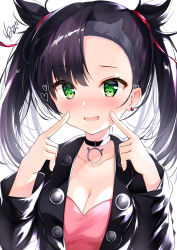 Rule 34 | 1girl, :d, absurdres, asymmetrical bangs, black choker, black hair, black jacket, blush, breasts, choker, cleavage, collarbone, creatures (company), earrings, fang, fingers to cheeks, game freak, green eyes, heart, heart-shaped pupils, highres, jacket, jewelry, long hair, long sleeves, marnie (pokemon), medium breasts, nenobi (nenorium), nintendo, open clothes, open jacket, open mouth, pokemon, pokemon swsh, signature, simple background, skin fang, smile, solo, stud earrings, symbol-shaped pupils, twintails, white background