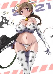 Rule 34 | 2021, 2girls, absurdres, animal ears, animal print, anti-materiel rifle, bell, blue eyes, blush, bottle, bra, braid, braided ponytail, breasts, brown hair, chinese zodiac, cleavage, closed mouth, collar, cow ears, cow girl, cow horns, cow print, cow tail, fake animal ears, fake horns, fake tail, groin, gun, happy new year, highres, horns, large breasts, looking at viewer, lynette bishop, milk bottle, miyafuji yoshika, multiple girls, navel, neck bell, new year, panties, ponytail, rifle, rigle, silhouette demon, single braid, smile, sniper rifle, strike witches, tail, thighhighs, tricky 46, underwear, underwear only, weapon, world witches series, year of the ox