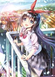 Rule 34 | 1girl, absurdres, black hair, blue eyes, bow, bowtie, day, dress shirt, floating hair, grey skirt, hair between eyes, hair ribbon, highres, infinity (64023), long hair, looking at viewer, original, outdoors, pleated skirt, red bow, red ribbon, ribbon, school uniform, shirt, sho (runatic moon), skirt, solo, standing, striped, striped bow, white shirt