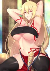 Rule 34 | 1girl, aster crowley, bikini, black thighhighs, blonde hair, bodypaint, breasts, fate (series), genderswap, genderswap (mtf), gilgamesh, gilgamesh-ko, gilgamesh (caster) (fate), gilgamesh (fate), highres, kneeling, large breasts, long hair, midriff, red eyes, solo, swimsuit, thighhighs