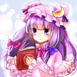 Rule 34 | 1girl, book, bow, gradient background, hair bow, hat, long hair, mayo (mayomr29), mob cap, open book, patchouli knowledge, purple eyes, purple hair, reading, sash, solo, touhou