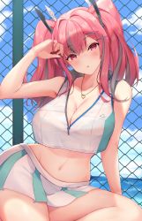 Rule 34 | 1girl, azur lane, bare shoulders, blush, breasts, bremerton (azur lane), bremerton (scorching-hot training) (azur lane), chain-link fence, cleavage, collarbone, crop top, crop top overhang, fence, highres, large breasts, long hair, looking at viewer, pink eyes, pink hair, ranju aira, solo, sportswear, tennis uniform, twintails, two-tone shirt, two-tone skirt