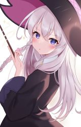 Rule 34 | 1girl, :o, black hat, black robe, blush, braid, collared shirt, commentary request, elaina (majo no tabitabi), hair between eyes, hand up, hat, highres, holding, holding wand, long hair, long sleeves, looking at viewer, looking to the side, majo no tabitabi, parted lips, pn (wnsl216), purple eyes, robe, shirt, silver hair, simple background, solo, very long hair, wand, white background, white shirt, wide sleeves, witch hat