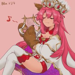 Rule 34 | 1girl, animal ears, animal hands, bow, cape, cat paws, claws, closed eyes, closed mouth, commentary request, crossed legs, crown, europa (fate), fate/grand order, fate (series), feet out of frame, fox ears, fox girl, gem, harp, heart, instrument, long hair, long sleeves, music, mycn18neo, pink background, pink hair, playing instrument, red bow, red gemstone, sidelocks, simple background, solo, tamamo (fate), tamamo cat (fate), very long hair, white cape, white legwear