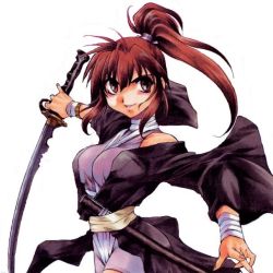 Rule 34 | 1girl, bandages, bare shoulders, brown eyes, brown hair, halterneck, inoue sora, japanese clothes, katana, kimono, leotard, long hair, mitsurugi ryouko, off shoulder, official art, pinky out, ponytail, real bout high school, sash, scabbard, sheath, solo, sword, weapon