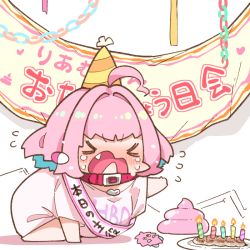 Rule 34 | 1girl, all fours, banner, barefoot, blue hair, blush, candle, chibi, closed eyes, collar, commentary, crossover, crying, dumpling, earrings, fire, flying sweatdrops, food, happy birthday, hat, heart, idolmaster, idolmaster cinderella girls, jewelry, jiaozi, kuriboh, multicolored hair, no pants, outstretched arm, party hat, pill earrings, pink hair, plate, poop, short sleeves, takato kurosuke, translated, two-tone hair, v-shaped eyebrows, wide sleeves, yu-gi-oh!, yumemi riamu