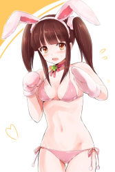 Rule 34 | 10s, 1girl, animal ears, bare shoulders, bikini, blush, breasts, brown eyes, brown hair, gloves, highres, idolmaster, idolmaster cinderella girls, long hair, looking at viewer, navel, ogata chieri, one eye closed, open mouth, pink bikini, rabbit ears, reco (fortunequest), solo, swimsuit, twintails