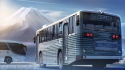 Rule 34 | absurdres, blue sky, bus, cloud, commentary request, highres, license plate, motor vehicle, mountain, no humans, original, outdoors, png pant (bus), scenery, shadow, sky, snow, tail lights, translation request, vehicle focus, winter