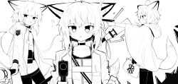 Rule 34 | 1girl, absurdres, ahoge, animal ear fluff, animal ears, arknights, bag, collarbone, dress, fox ears, fox girl, fox tail, greyscale, gun, handgun, highres, holding, holding gun, holding weapon, hood, hood down, hooded jacket, incredibly absurdres, jacket, monochrome, multiple views, open clothes, open jacket, pantyhose, profile, simple background, smoke, smoking gun, spam (spamham4506), sussurro (arknights), tail, weapon, white background