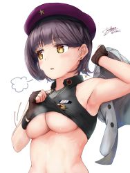Rule 34 | 1girl, armpits, asymmetrical hair, beret, black shirt, blunt bangs, blush, breasts, breath, brown gloves, carrying over shoulder, cleavage, clothes lift, collared shirt, ear piercing, earrings, eyelashes, fingerless gloves, girls&#039; frontline, gloves, hat, highres, jacket, jewelry, lifting own clothes, medium breasts, midriff, military, military uniform, navel, open mouth, piercing, purple hair, purple hat, shirt, shirt lift, short hair, sigh, signature, simple background, sleeveless, sleeveless shirt, solo, star (symbol), star earrings, steaming body, sweat, twitter username, type 92 (girls&#039; frontline), underboob, uniform, unworn jacket, upper body, white background, yellow eyes, yukinoshiro