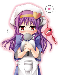 Rule 34 | 1girl, alternate costume, alternate hair length, alternate hairstyle, apron, biting, blue dress, blush, breasts squeezed together, breasts, dress, eyeball, fang, female focus, hairband, hands on own chest, hat, head scarf, heart, highres, komeiji satori, ladle, long hair, purple hair, red eyes, solo, standing, third eye, touhou, uhyo (uhyoahya), uhyouhyouhyo, upper body