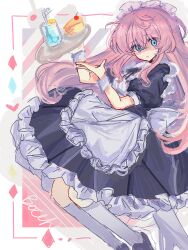 Rule 34 | 1girl, apron, black dress, blue eyes, bocchi the rock!, cake, cake slice, character name, chinese commentary, closed mouth, commentary request, dress, drink, food, frilled apron, frilled dress, frills, gotoh hitori, highres, holding, holding tray, huangdouliuhan, long hair, maid, maid apron, maid headdress, pink hair, puffy short sleeves, puffy sleeves, shaded face, short sleeves, socks, solo, sweat, tray, white apron, white socks