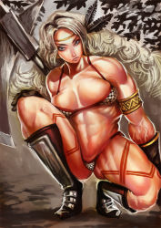 Rule 34 | abs, amazon (dragon&#039;s crown), armlet, armor, axe, bikini, bikini armor, blonde hair, boots, breast press, breasts, circlet, dragon&#039;s crown, feathers, gloves, green eyes, kneeling, large breasts, long hair, muscular, panties, solo, swimsuit, tattoo, thick thighs, thighs, thong, tianzhong zhongtian, underwear, vanillaware, veins, weapon