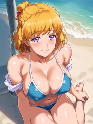 Rule 34 | 1girl, asahina mirai, barefoot, beach, bikini, blonde hair, blue bikini, breasts, collarbone, commentary request, covered erect nipples, folded hair, from above, highres, large breasts, looking at viewer, mahou girls precure!, ocean, pole, precure, purple eyes, short hair, solo, sozan, swimsuit