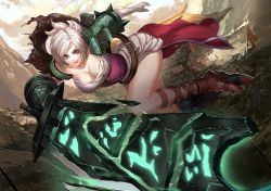 Rule 34 | 1girl, bandages, bandaged arm, belt, bracer, breasts, citemer, cleavage, gauntlets, highres, large breasts, league of legends, liuruoyu8888, ponytail, riven (league of legends), solo, sword, weapon, white hair