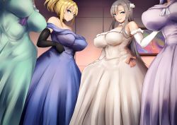 Rule 34 | 4girls, black gloves, blonde hair, blue dress, blue eyes, breasts, bulge, closed mouth, dress, elbow gloves, erection, erection under clothes, futanari, gloves, green dress, grey hair, hair ornament, implied futanari, large breasts, long hair, multiple girls, open mouth, original, ponytail, sexually suggestive, sidelocks, smile, standing, strapless, strapless dress, ubanis, white dress, white gloves