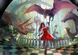 Rule 34 | 1girl, ask (askzy), black gloves, blouse, brown eyes, brown hair, capcom, character request, checkered floor, clenched hand, curly hair, dinosaur, dress, fence, floor, gloves, grey hair, hand up, high heels, ironwork, juliet sleeves, leaning to the side, long hair, long sleeves, looking at viewer, monster hunter (series), neck ribbon, original, pantyhose, pterosaur, puffy sleeves, red dress, red footwear, ribbon, sauropod, shirt, shoes, short dress, smile, solo, standing, triceratops, tyrannosaurus rex, velocidrome, velociprey, white pantyhose, white shirt
