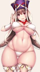 Rule 34 | 1girl, :d, bead necklace, beads, bikini, blush, bracer, breasts, brown hair, cleavage, curvy, earrings, fate/grand order, fate (series), groin, hair between eyes, hand up, hat, highres, hip focus, hoop earrings, jewelry, large breasts, long hair, looking at viewer, nano (syoutamho), navel, necklace, open mouth, prayer beads, purple eyes, skindentation, smile, solo, swimsuit, taut clothes, thigh gap, thighhighs, thighs, underboob, white bikini, white thighhighs, wide hips, xuangzang sanzang (fate)