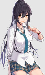 Rule 34 | 1girl, absurdres, black hair, blue necktie, blue skirt, blush, breasts, cleavage, collarbone, dated, grey background, hair between eyes, hand up, high ponytail, highres, idolmaster, idolmaster shiny colors, jewelry, large breasts, long hair, looking at viewer, necklace, necktie, plaid, plaid skirt, pleated skirt, ponytail, red wristband, school uniform, shirase sakuya, shirt, signature, simple background, skirt, sleeves rolled up, smile, solo, white shirt, yellow eyes, zutaboro