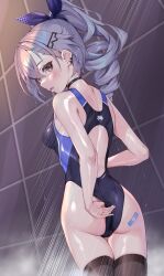 Rule 34 | 1girl, adjusting clothes, adjusting swimsuit, ass, bandaid, bandaid on ass, black one-piece swimsuit, black thighhighs, clothed bath, competition swimsuit, drill hair, from behind, grey eyes, grey hair, highleg, highleg swimsuit, highres, honkai: star rail, honkai (series), looking at viewer, looking back, matrix16, medium hair, one-piece swimsuit, ponytail, showering, silver wolf (honkai: star rail), solo, swimsuit, thigh gap, thighhighs, tile wall, tiles, two-tone swimsuit