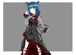 Rule 34 | 1girl, artist name, artist request, bare legs, black dress, black nails, black skirt, blue hair, blush, butterfly wings, collared dress, double bun, dress, earrings, female focus, flower earrings, frilled dress, frills, guilty kiss (love live!), hair bun, hair ribbon, insect wings, jewelry, long hair, looking at viewer, love live!, love live! sunshine!!, nail polish, nails, necklace, new romantic sailors, nogi cone, one eye closed, outstretched arms, parted lips, purple eyes, red skirt, ribbon, skirt, smile, solo, sparkle print, striped clothes, striped dress, tiara, tsushima yoshiko, v over eye, wings
